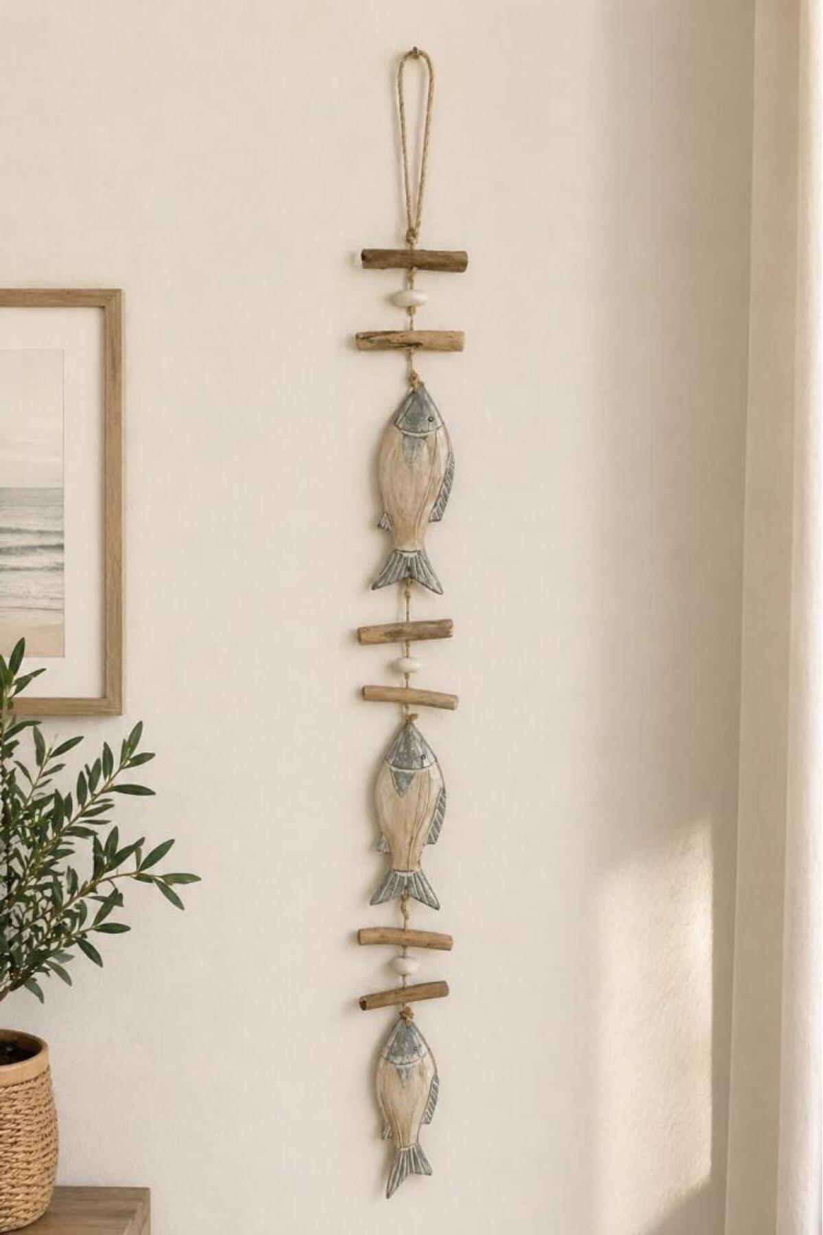 Handcrafted Natural Wooden Fish Figure Wall Object 116cm | Bohemian Coastal Style Decorative Wall Art