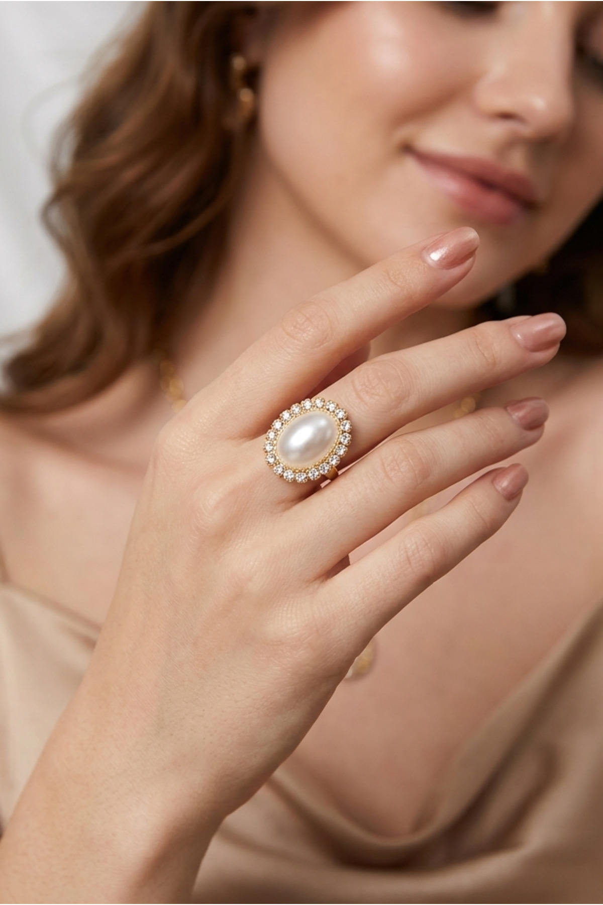 Pearl gem ring oval ring gold plated pearl ring design stylish ring evening ring 2.5 cm