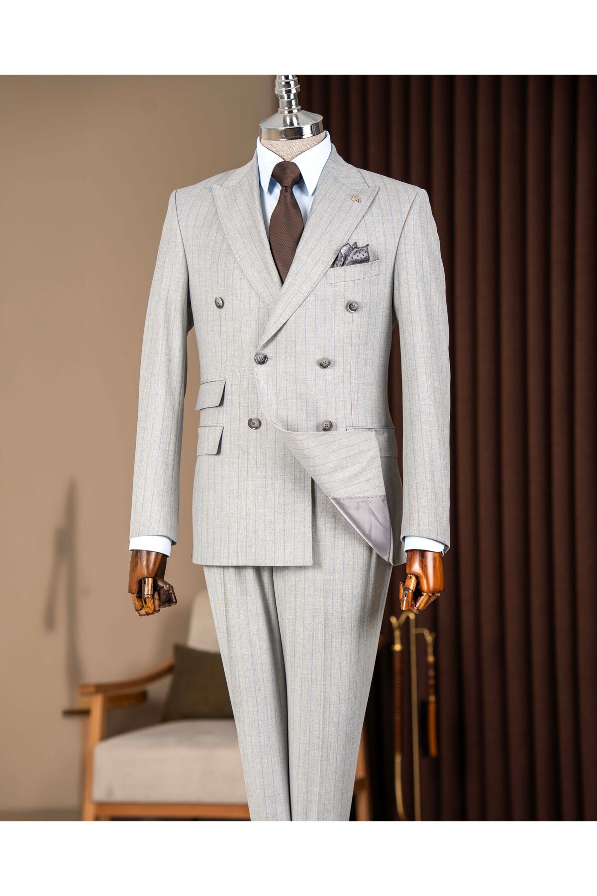 TerziAdemAltun Slim Fit Men's Pointed Collar Striped Double-Breasted Jacket Pants Suit Gray T20142-04