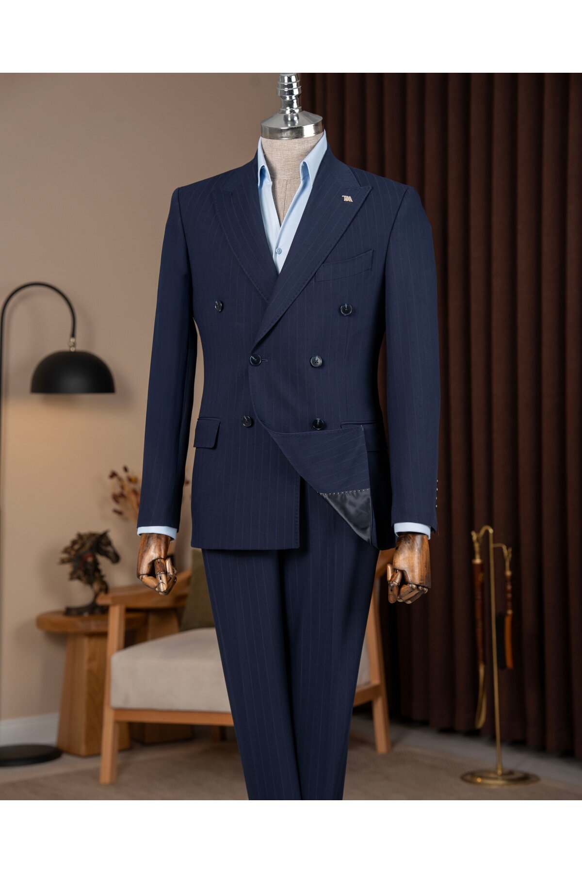 TerziAdemAltun Slim Fit Men's Double-Breasted Pointed Collar Striped Jacket Trousers Suit Navy Blue T20062-02