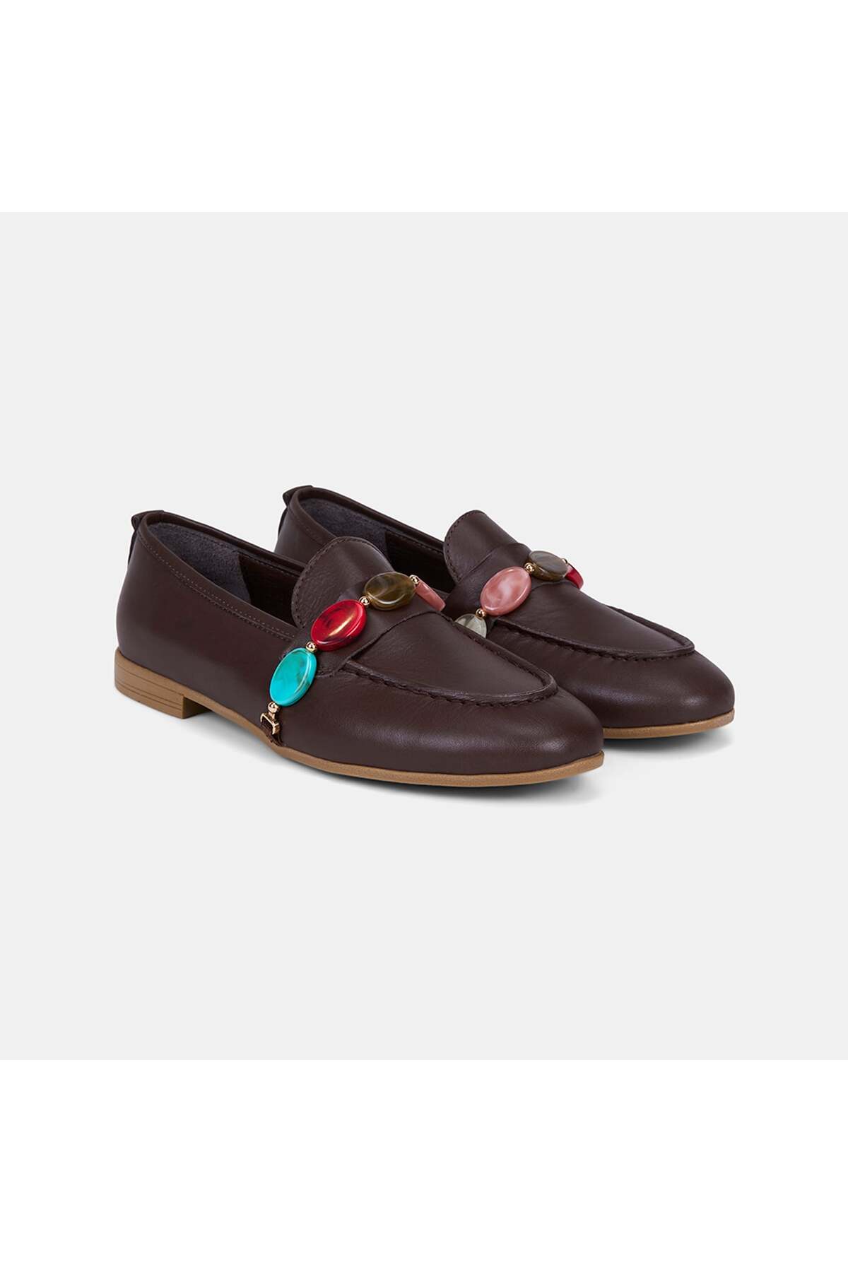 Women's Dark Brown Stone Accessory Leather Loafers
