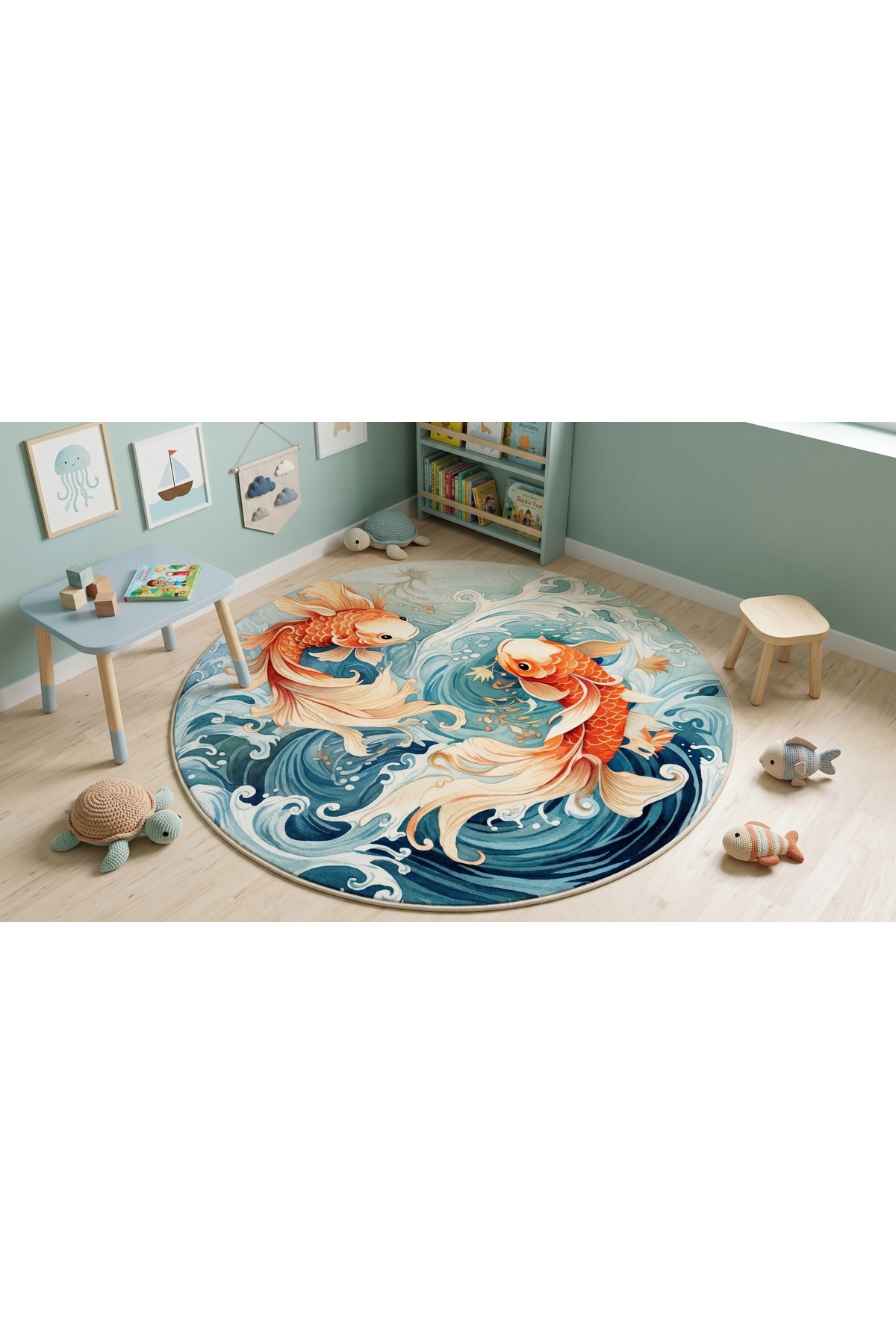 SDT Water Wavy and Koi Fish Pattern Orange Blue Woven Base Decorative Carpet sdt854