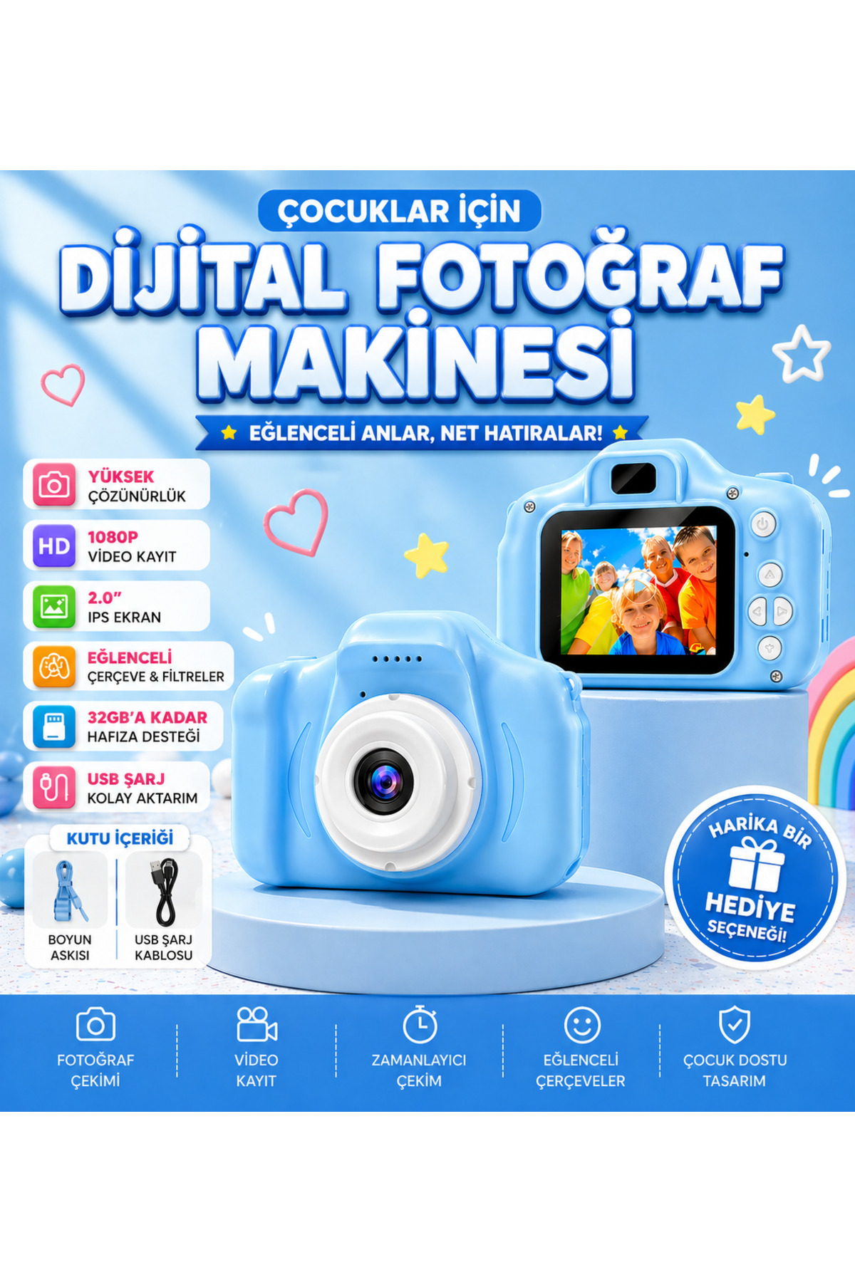 electroawm Çocuklar İçin Dijital Fotoğraf Makinesi – 1080P HD Video, 2.0” Ekran, Eğlenceli Filtreler & Oyunlu Kamera