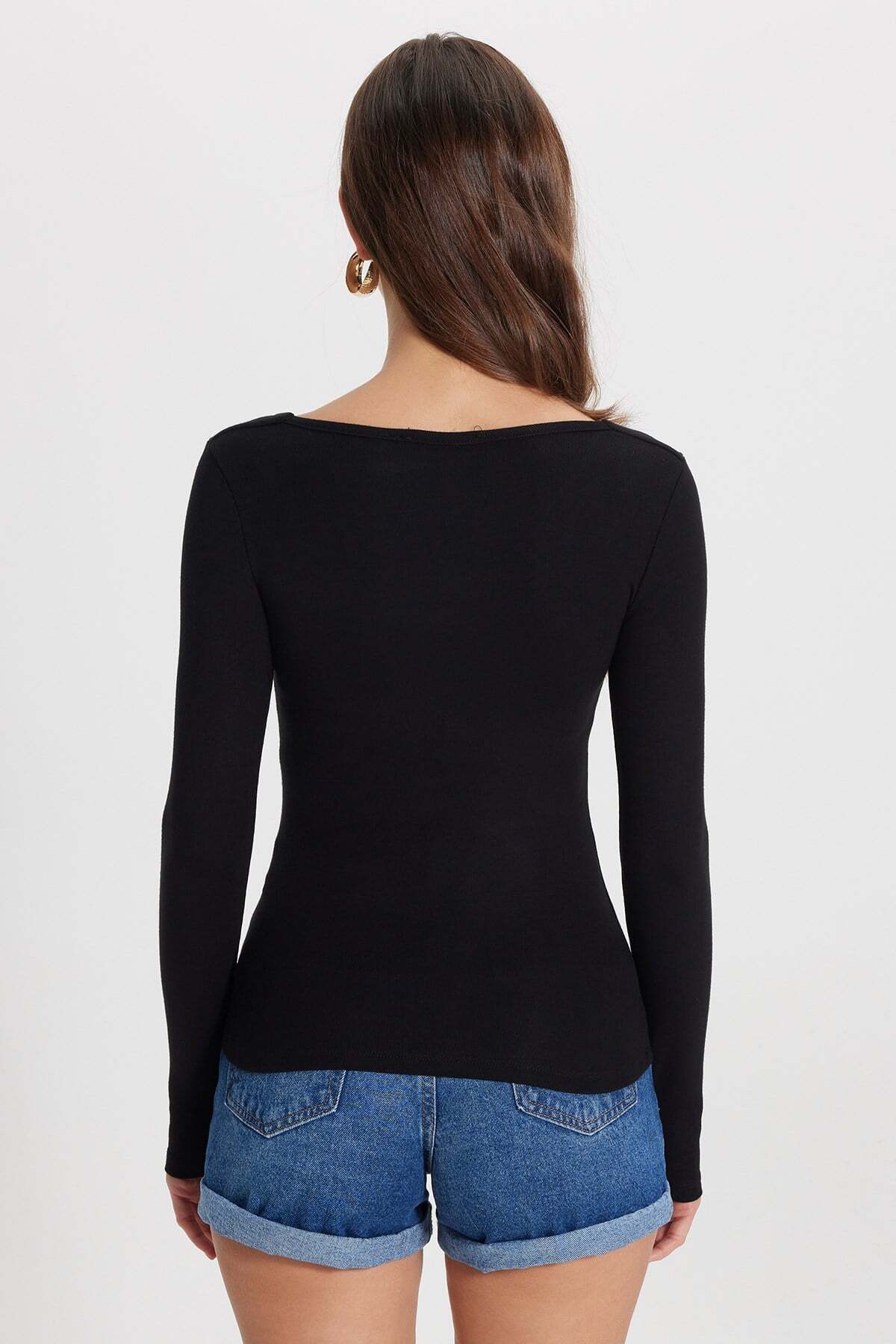 Tudors Kadın Slim Fit Dar Kesim Pamuklu Uzun Kollu V Yaka Siyah Tişört Bluz Bluz görsel 7