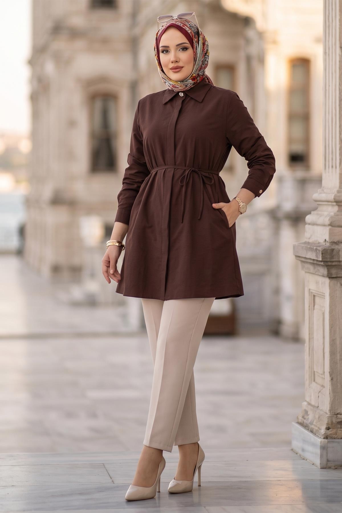 hafsamina Bağlamalı Cepli Tunik Kahverengi HM2911