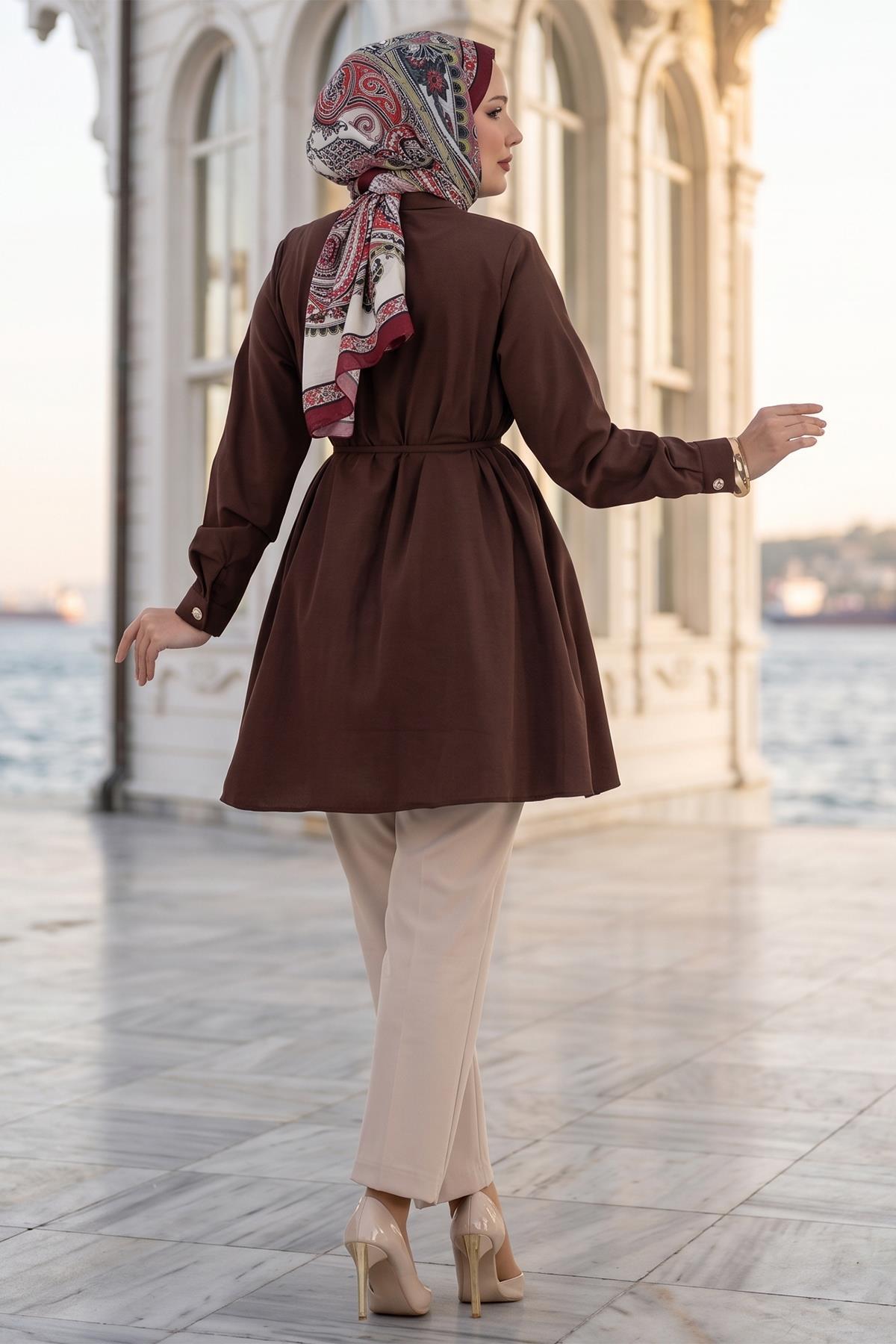 hafsamina Bağlamalı Cepli Tunik Kahverengi HM2911 görsel 6
