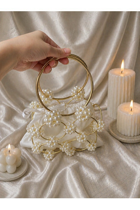 YNA VERA Design & Home İnci Detaylı Gold Metal Çanta – Şık & Zarif Mini Abiye...