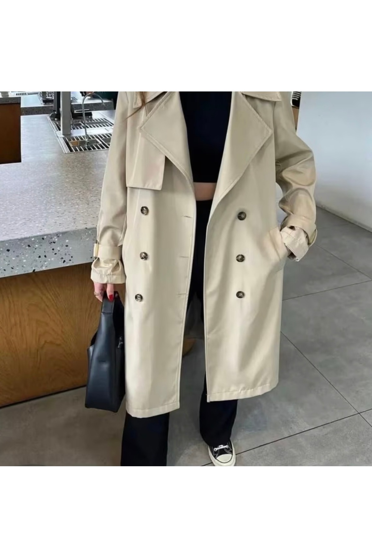 BS Kadın Trençkot, Kemerli Uzun Basic Trençcoat Şık ve Zamansız Tasarım görsel 2