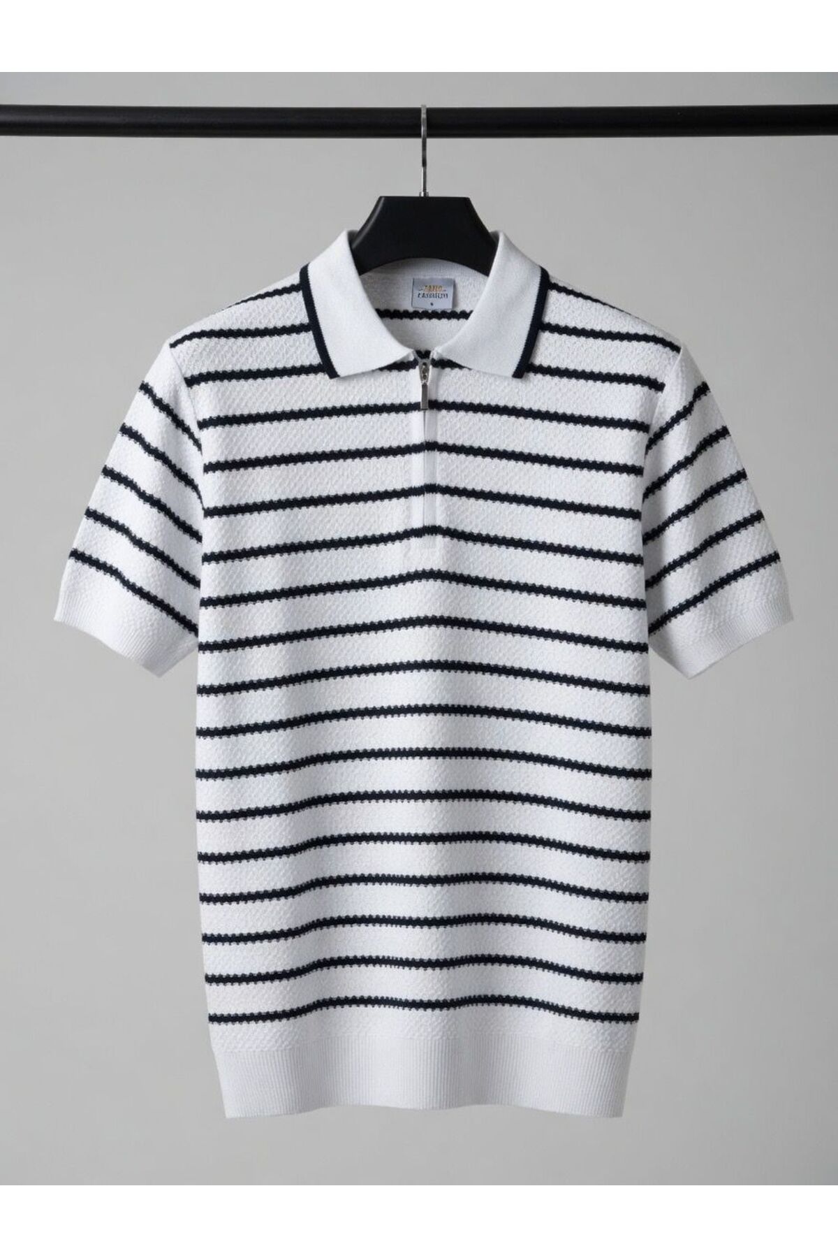 zs zaos fashion Men's Textured Striped Polyycotton Short Sleeve Knitwear T-Shirt Jacquard Summer 100% Cotton Half Zipper T-Shirt