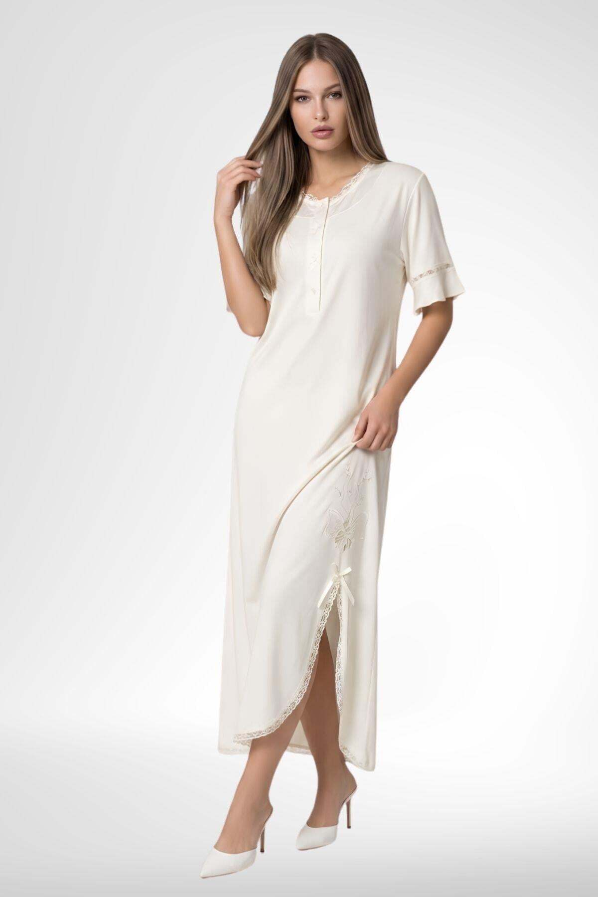 EM&FA TEKSTİL Ecru Women's Melisa Fabric Nightgown