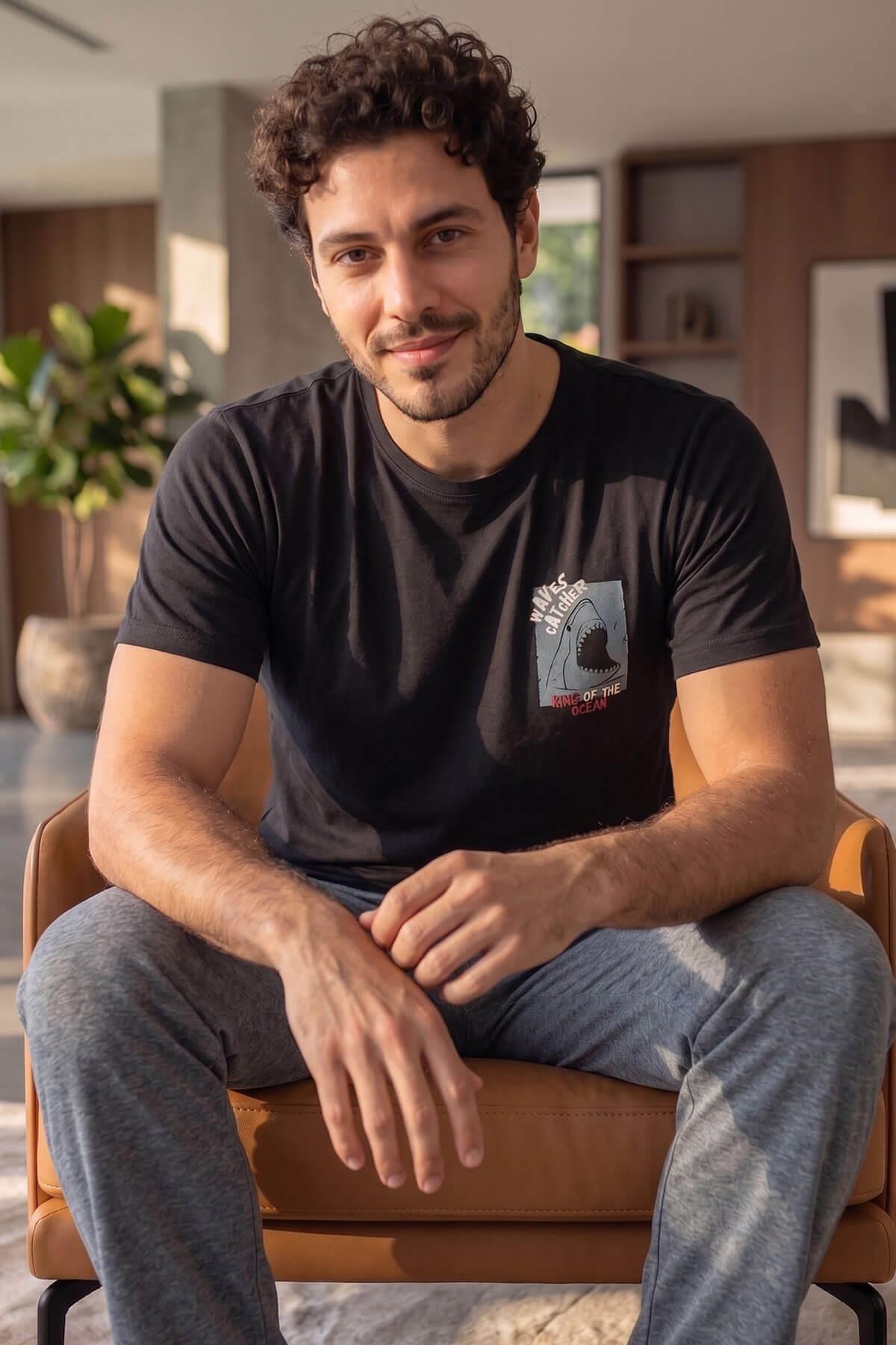 Pijamaevi Siyah Waves Desenli Kısa Kollu Erkek Pijama Takımı
