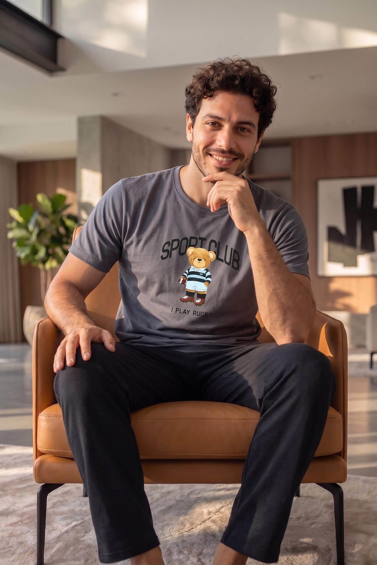 Pijamaevi Füme S Club Desenli Kısa Kollu Erkek Pijama Takımı görsel 4
