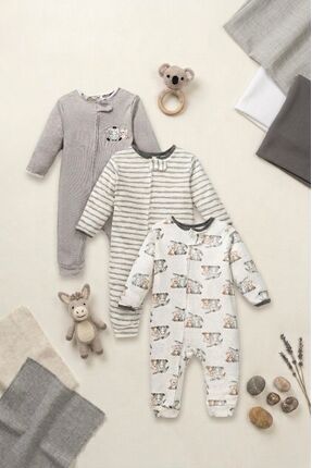 Mielco %100 Pamuk Unisex Bebek 3'lü Patiksiz Tulum Seti Sevimli Arkadaşlar De...