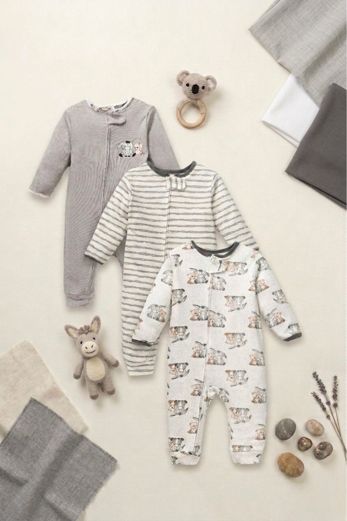 %100 Pamuk Unisex Bebek 3'lü Patiksiz Tulum Seti Sevimli Arkadaşlar Desenli
