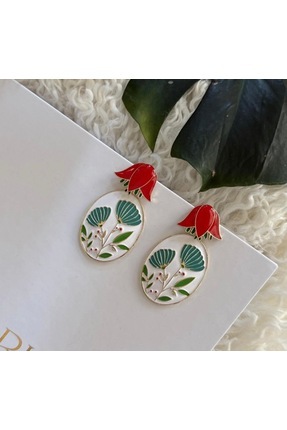 GOFRİK ART LAB Vintage Kırmızı Çiçek Figürlü Oval Küpe – Retro Floral Desenli...