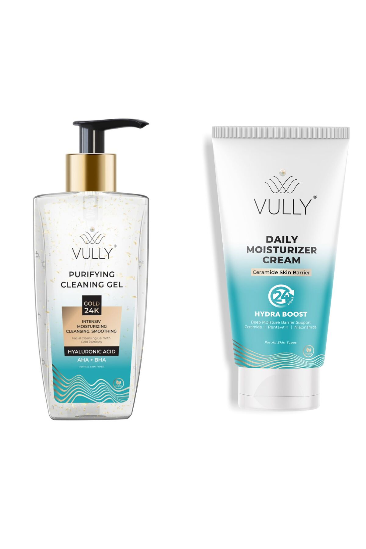 VULLY ژل پاککننده صورت حاوی ذرات طلای ۲۴ عیار + کرم صورت آبرسان ۲۴ ساعته ترمیمکننده و روشنکننده رنگ پوست بر پایه آب، ۵۰ میلیلیتر — ژل پاککننده صورت + کرم صورت ۲۴ عیار
