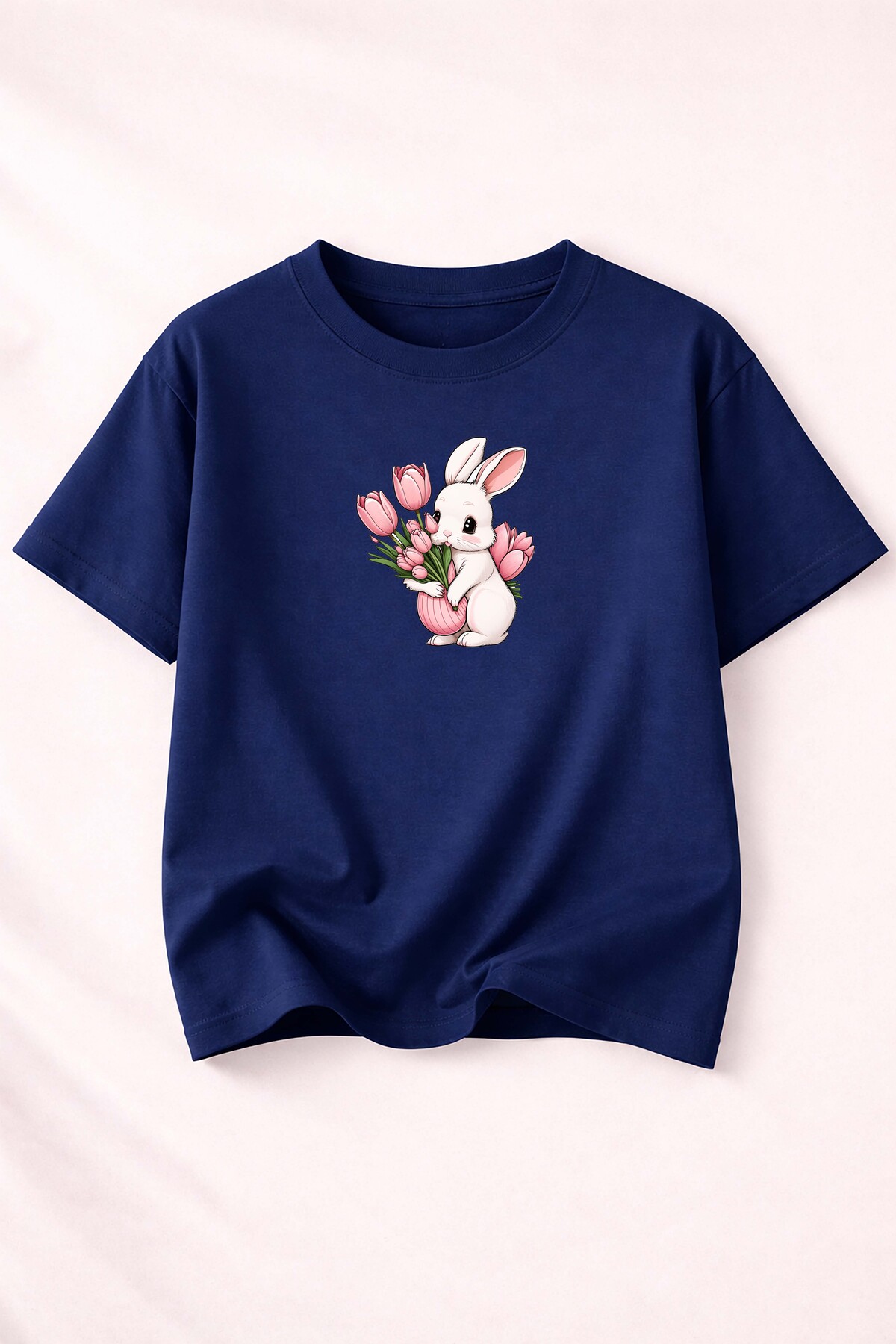 Crew Neck Cotton Basic T-Shirt with Rabbit and Tulip Print Detail