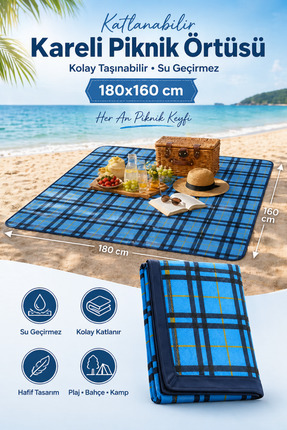 viyol marketim Kareli Piknik Örtüsü 180x160 cm – Su Geçirmez, Katlanabilir, P...