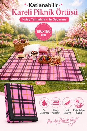 viyol marketim Kareli Piknik Örtüsü 180x160 cm – Su Geçirmez, Katlanabilir, P...