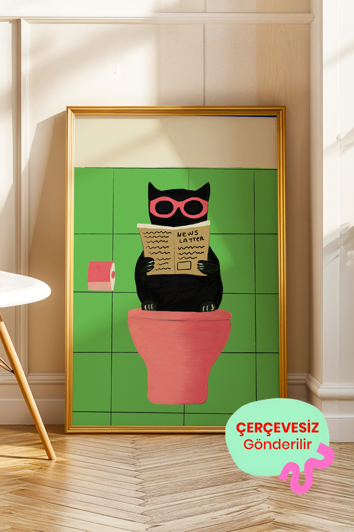 Siyah Kedi Tablo Poster Komik Banyo Konsept Modern Duvar Dekoru Çerçevesiz
