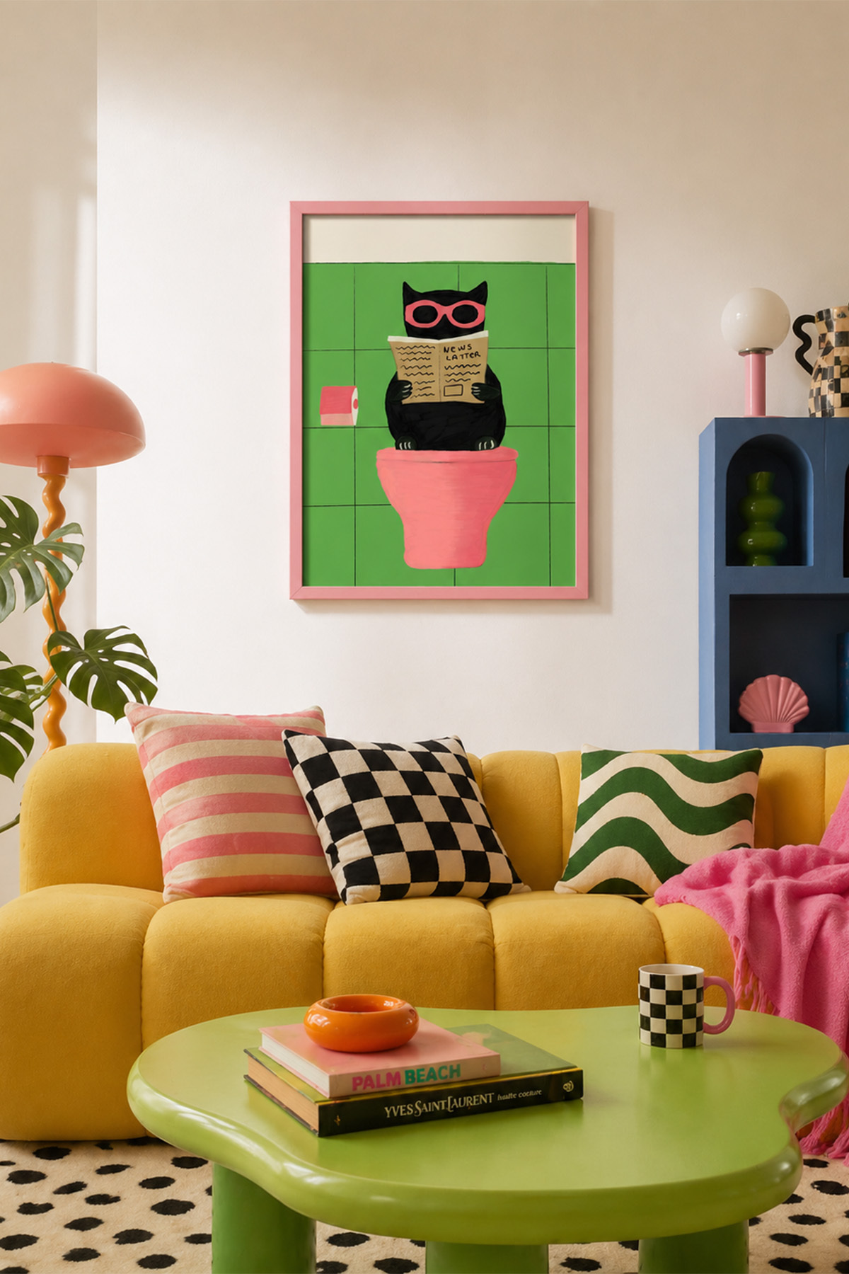 Siyah Kedi Tablo Poster Komik Banyo Konsept Modern Duvar Dekoru Çerçevesiz