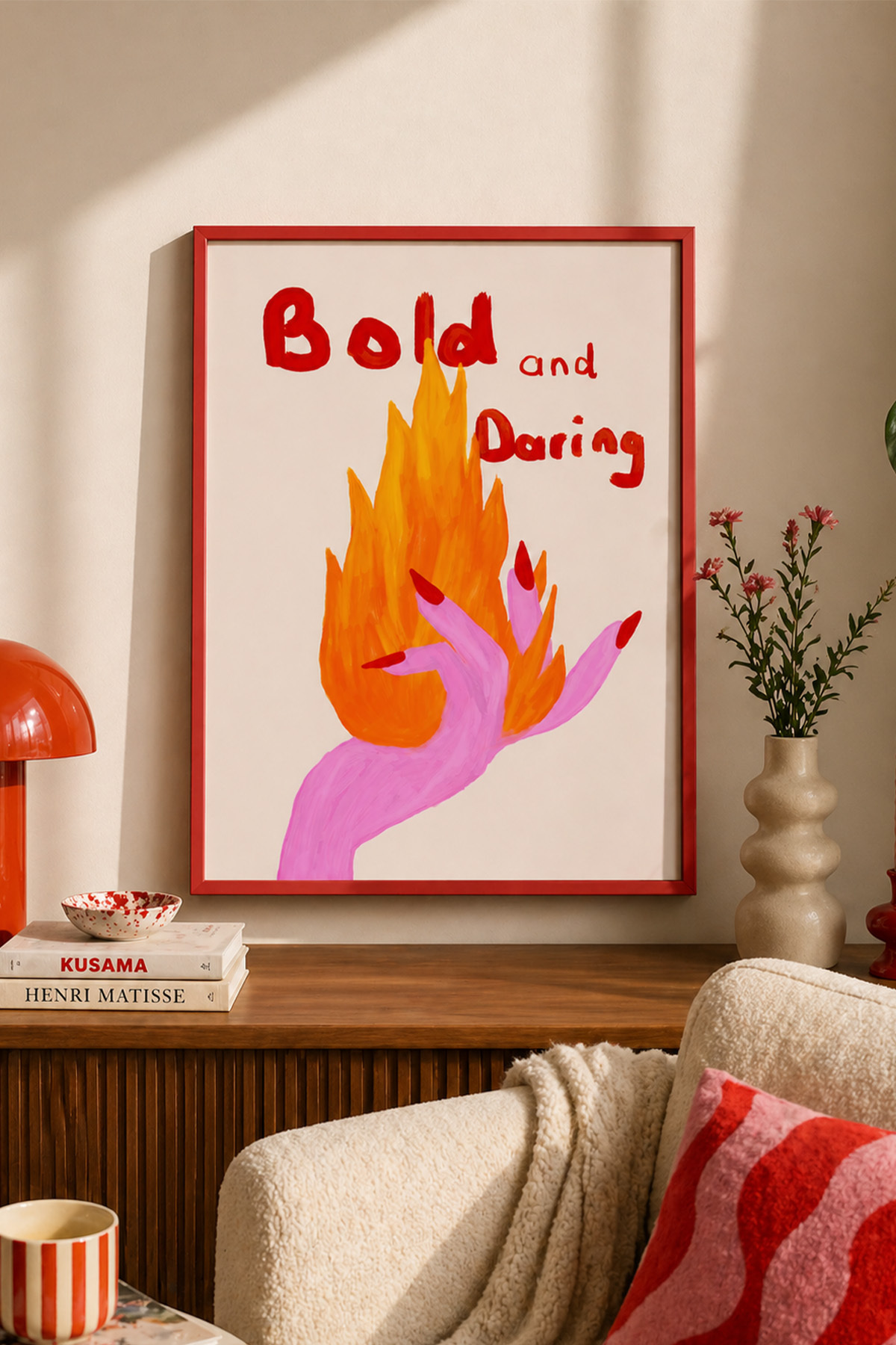 Kırmızı Alev Tablo Poster Modern Sanat Duvar Dekoru Bold and Daring Yazılı Çerçevesiz
