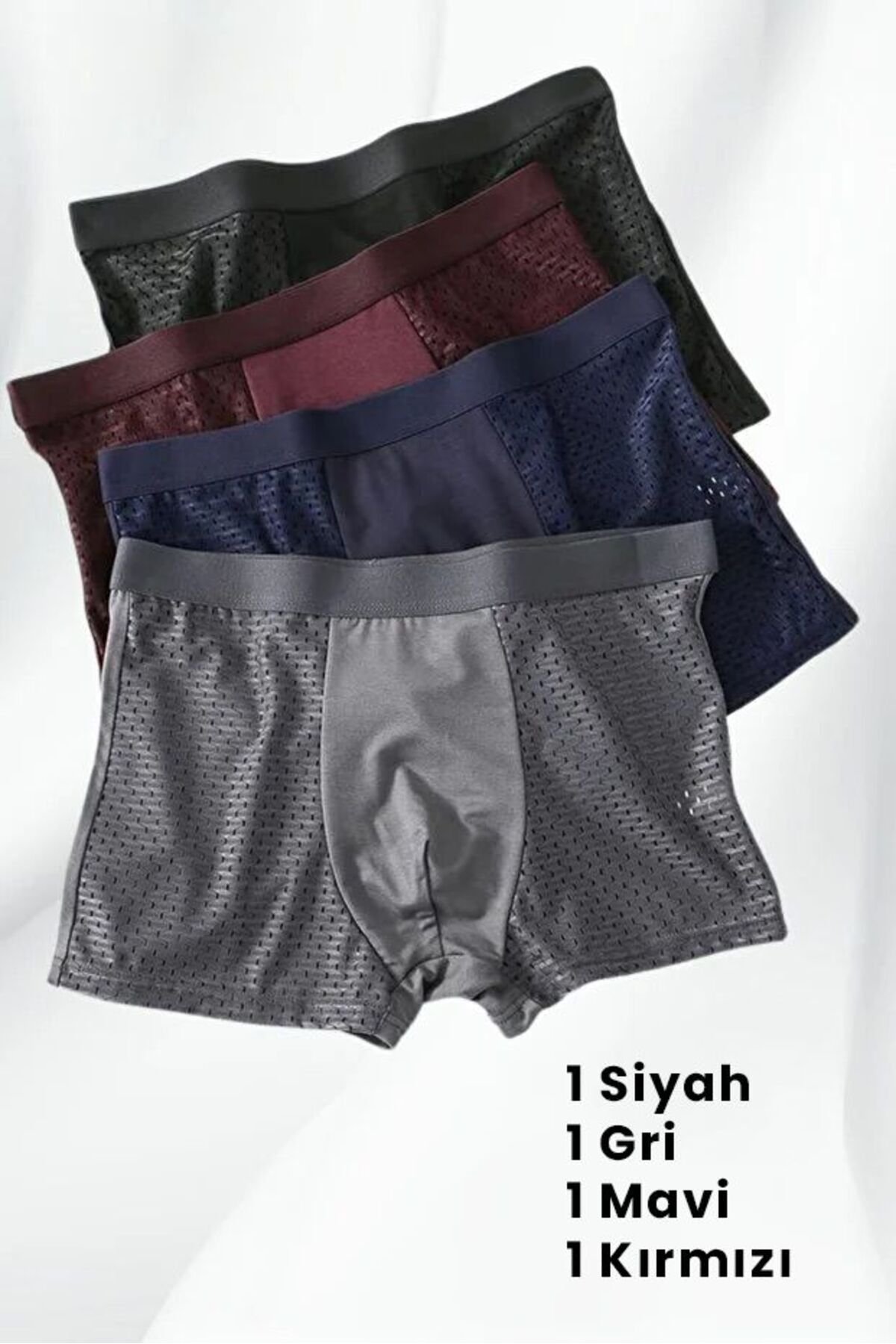 Boodie Premium Likralı Esnek Boxer Şort 1 Siyah 1 Mavi 1 Gri 1 Kırmızı Fiber Esnek 4'lü Paket Boxer