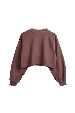 Kadın Acı Kahverengi Crop Sweatshirt Ls213245