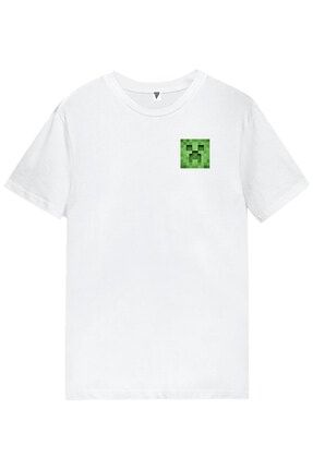Creeper Baskılı Unisex Kısa Kollu Beyaz Gamer Tişört creeper