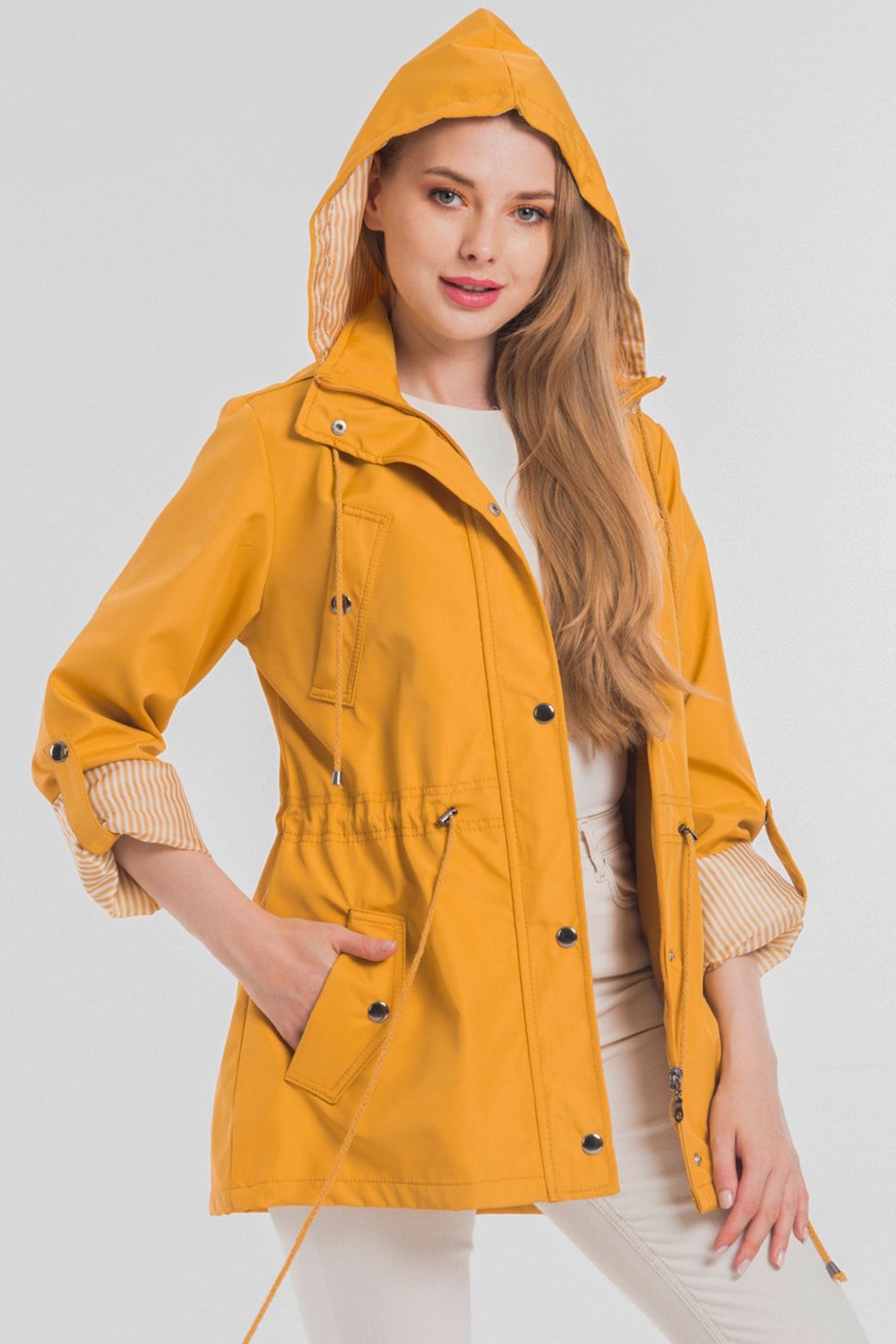 fehika Women s Mustard Short Waist Lace Up Hooded Lined Water