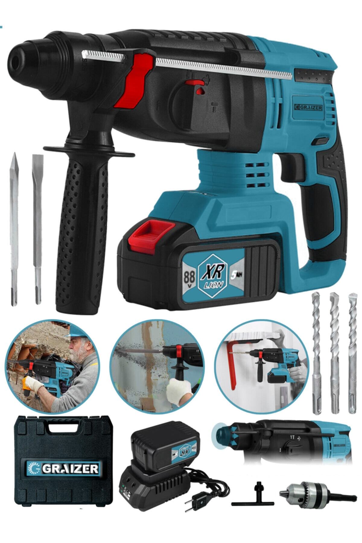 Graizer Alman 88 V 5 Ah 4 Joule Bakir Sargili Kömürsüz Motor Darbeli Çift Akülü Şarjlı Kırıcı Delici Hilti