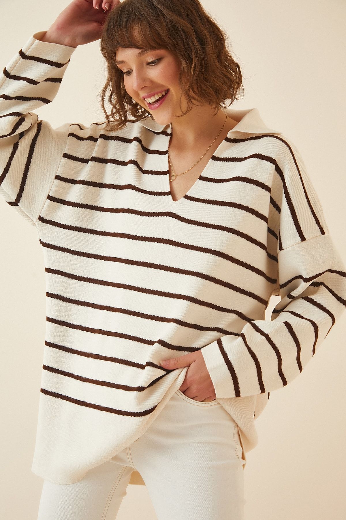 Happiness İstanbul Damski czekoladowo-kremowy sweter polo z kołnierzykiem oversize, dzianinowy US00703