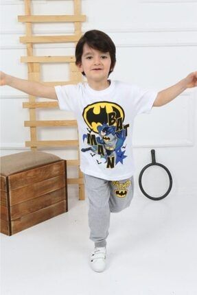 Beyaz Batman Eşofman Takımı - Batman Baskılı Penye Kumaş Çocuk Eşofman Takımı beyazgriesof-01