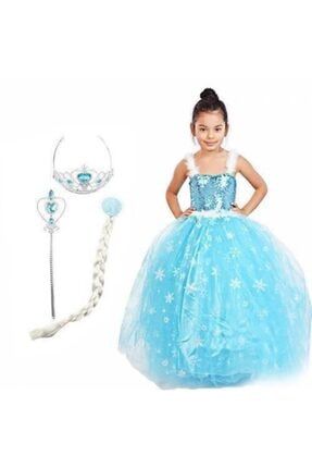 Kız Çocuk Mavi Yazlık Askılı Frozen Kostüm Asa +Taç + Saç yazlik-elsa-hediyeli