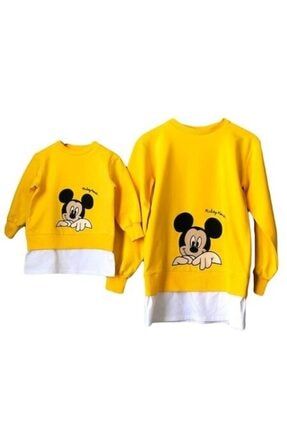 Mickey Mouse Baskılı Anne Çocuk Kombini - Anne Çocuk Giyim mickey-mouse-sweat-ac-kombin-sari