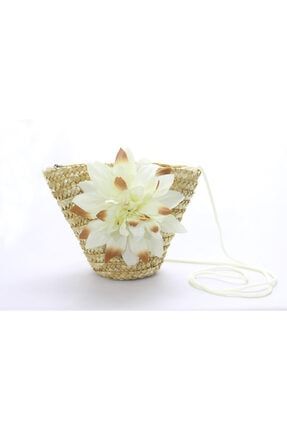 Kadın Beyaz Çapraz Çiçekli Mini Hasır Çanta Parçalı pearpio-hc