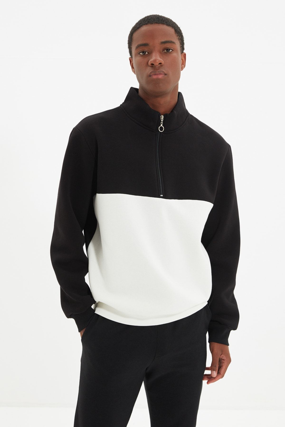 Trendyol Collection Hanorac Negru Din Bumbac Fleece - Bloc De Culoare, Cu Fermoar Masculin - L