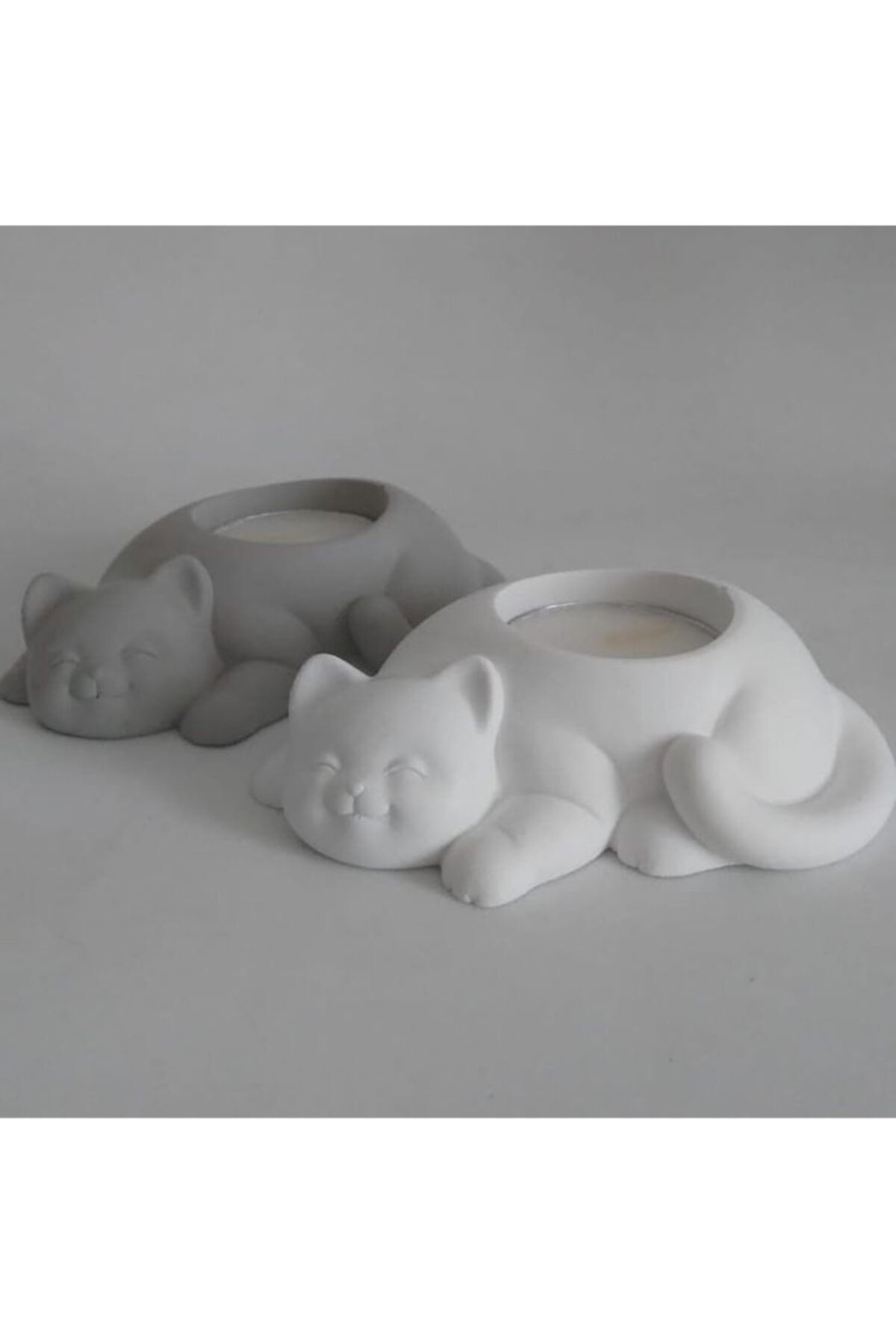 HOBİMİZ İŞİMİZ 2li Kedi Tealight Mumluk Mum Gri & Beyaz