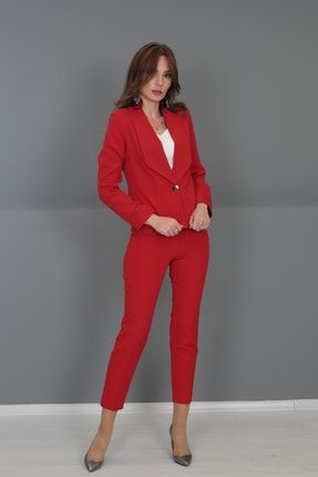 Kadın Kırmızı Mini Ceket & Boru Paça Pantolon Takım TYC00235229256