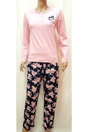 Fursim Butik Kadın Açık Pembe Altı Büyük Çiçek Desenli Lacivert O Yaka 3 Düğmeli Pijama Takımı 6689537801