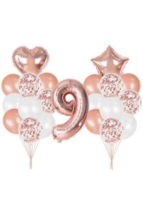 9 Yaş Rosegold Konfetili Rakam Folyo Balonlu Set 59286