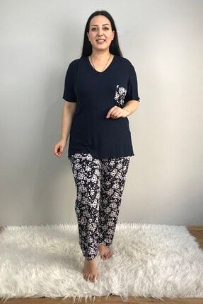 Kadın Büyük Beden Kısa Kollu Cep Detaylı Çiçek Desenli Lacivert Pijama Takımı TARZ8026