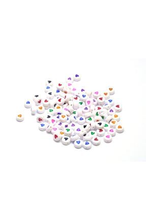 15 Adet Beyaz Üzeri Renkli Yassı Kalp Boncuk plastik-kalp-15