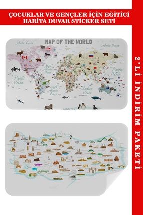 Eğitici - Öğretici Dünya Ve Türkiye Haritası Çocuk Odası Duvar Sticker I 3884