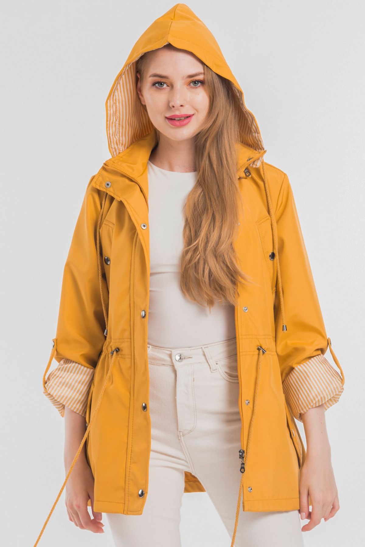 fehika Women s Mustard Short Waist Lace Up Hooded Lined Water