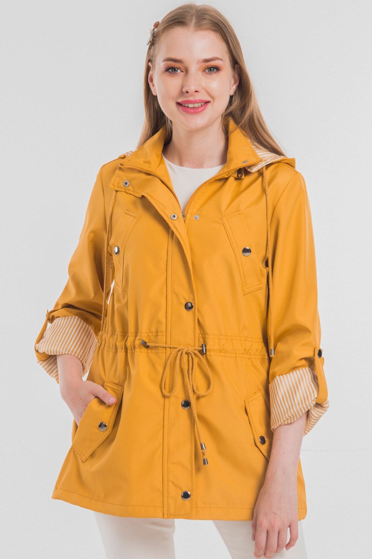 fehika Women s Mustard Short Waist Lace Up Hooded Lined Water