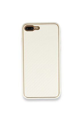 Iphone 7 Plus Kılıf Kamera Lens Korumalı Parlak Gold Şerit Çizgi Karbon Doku Case - Beyaz 7Plus Coco Karbon