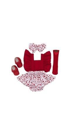 Çilek Desenli Kırmızı Salopet Bebek Elbisesi Ayakkabı + Bandana TYC00217937411