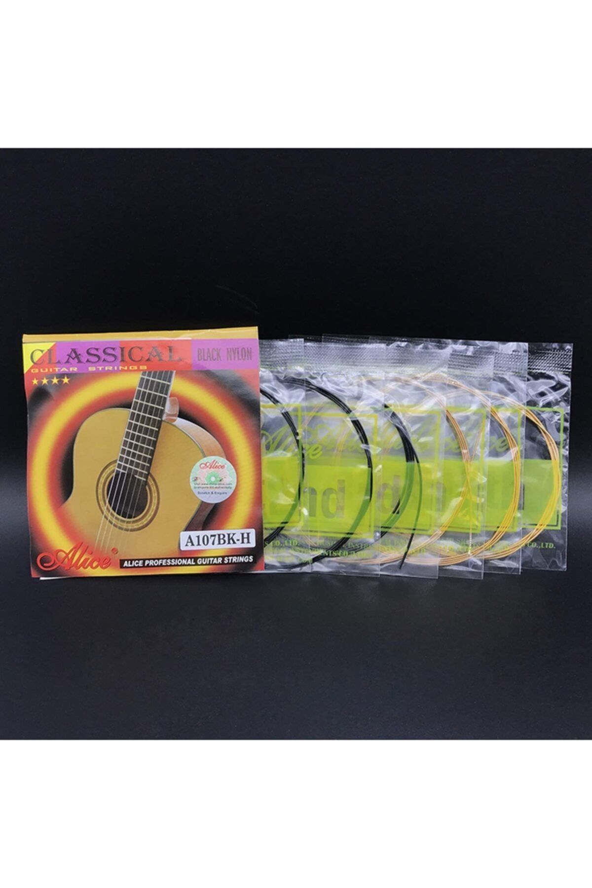 Alice-3 Pack A-107bk Classic Guitar String Set with Black Line - 3 Sets at a Time - Extra Plectrums Gift 1