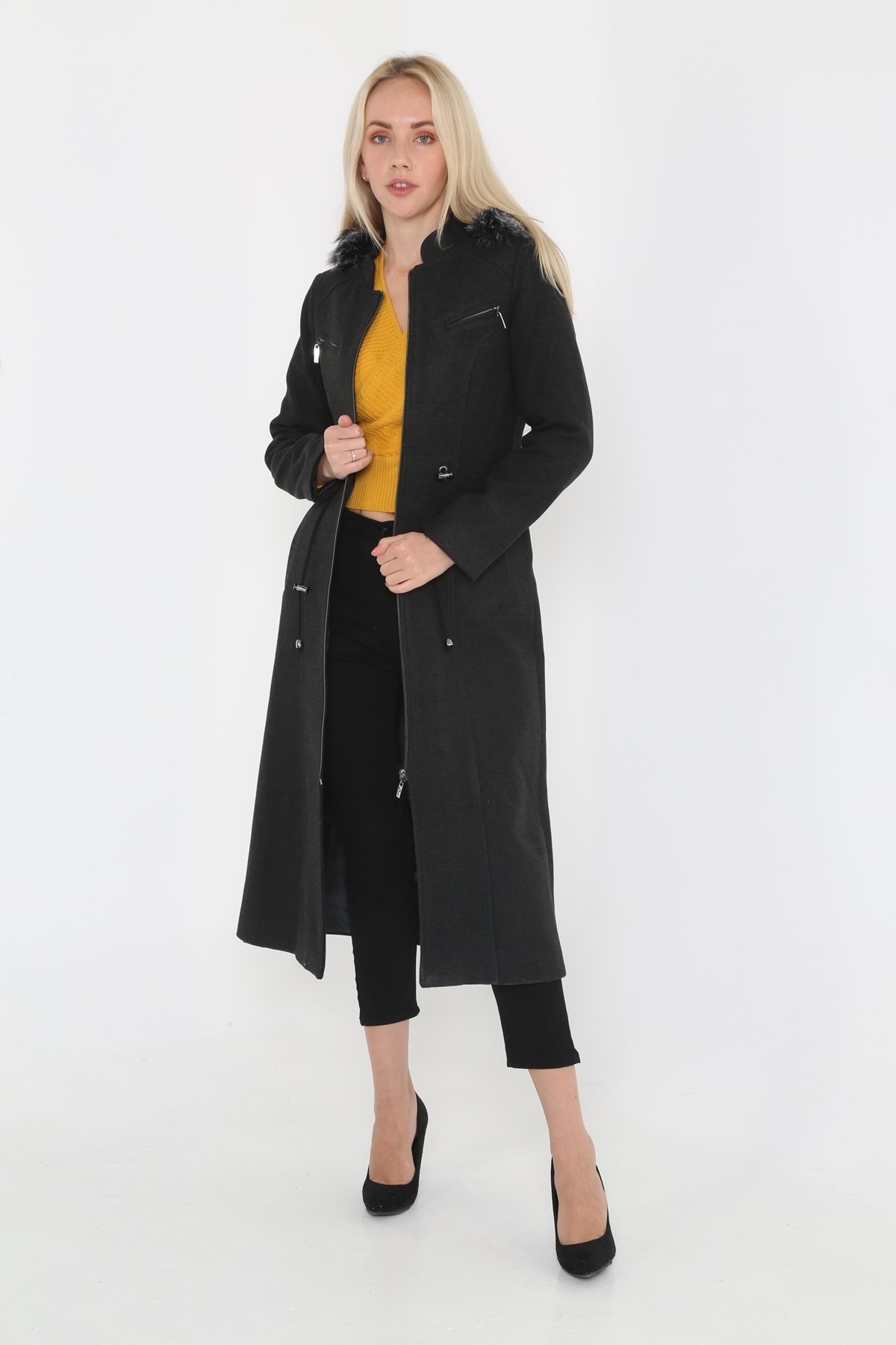 KMKkombin Kadın Kaşmir Kaşe Kapşonlu Kürklü Kaban Mont